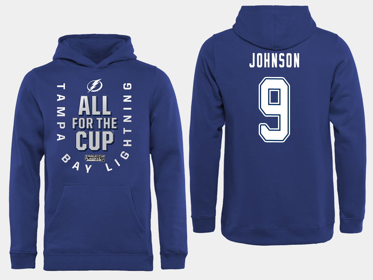 NHL Men adidas Tampa Bay Lightning 9 Johnson blue All for the Cup Hoodie